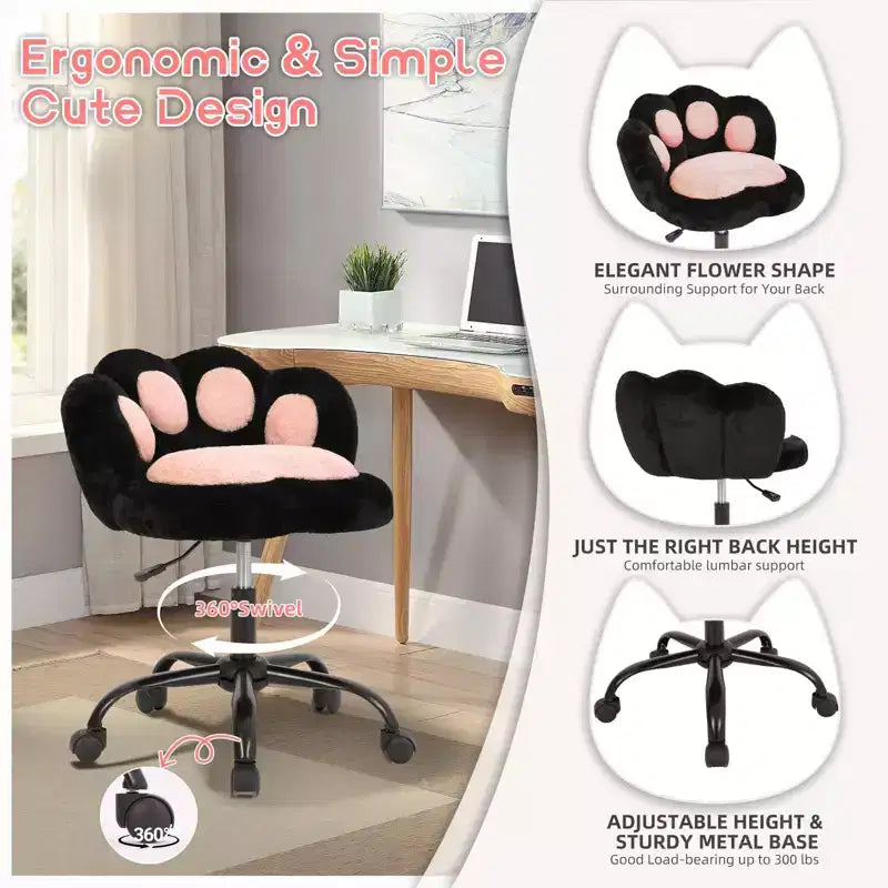 Teddy Fleece Vanity Chair Cat Paw Backrest 360 Swivel Height Adjustable 300LBS Support Tool-Free Assembly for Home Office Bedroom