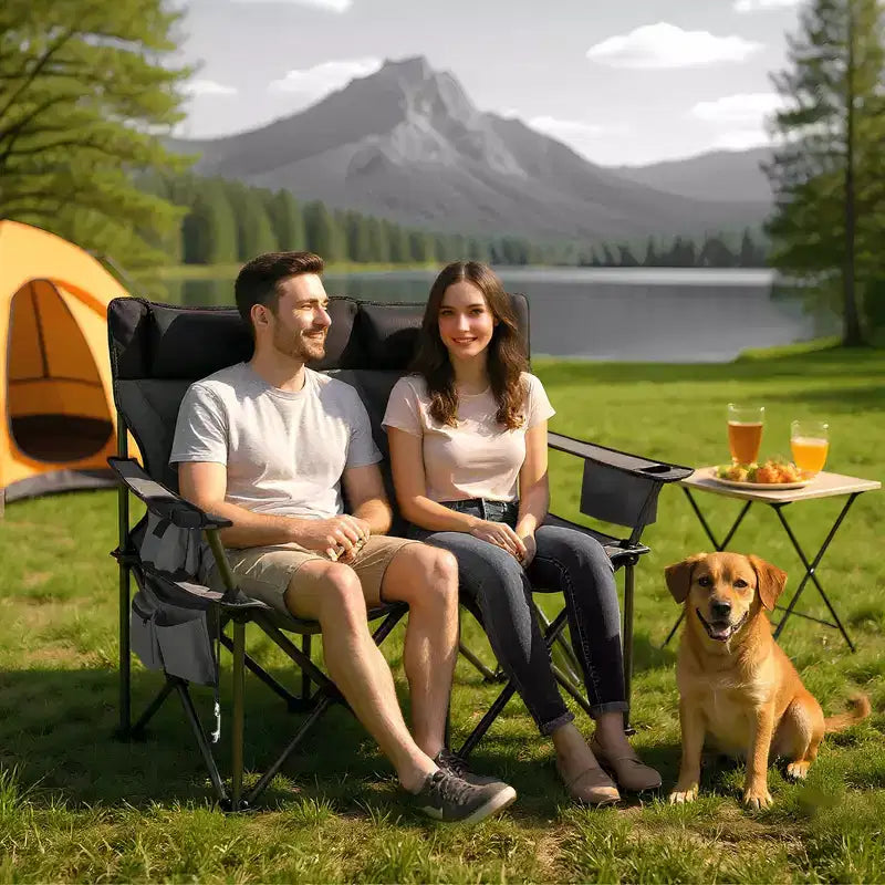 Camping Chair for 2 Adults Heavy Duty Folding Outdoor Loveseat, High Back Support, Padded Seat, Headrest, Cooler Pouch, Cup Holders, 700 lbs Capacity