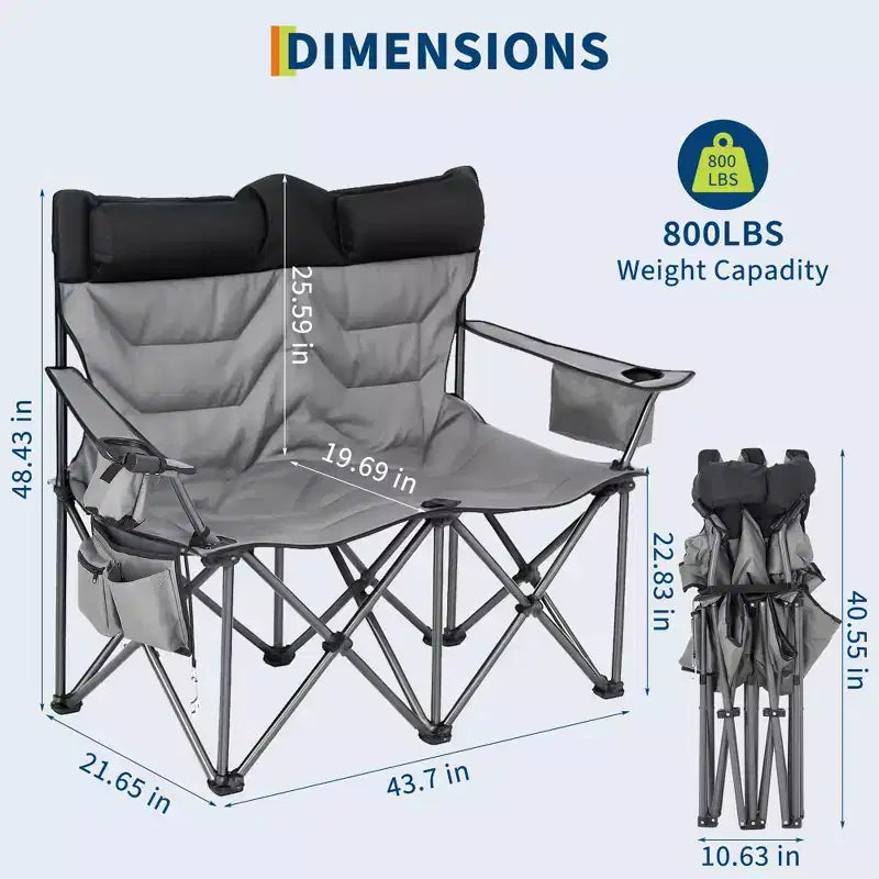 Camping Chair for 2 Adults Heavy Duty Folding Outdoor Loveseat, High Back Support, Padded Seat, Headrest, Cooler Pouch, Cup Holders, 700 lbs Capacity