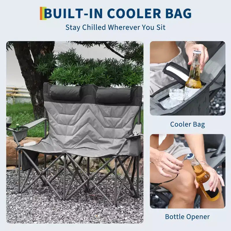 Camping Chair for 2 Adults Heavy Duty Folding Outdoor Loveseat, High Back Support, Padded Seat, Headrest, Cooler Pouch, Cup Holders, 700 lbs Capacity