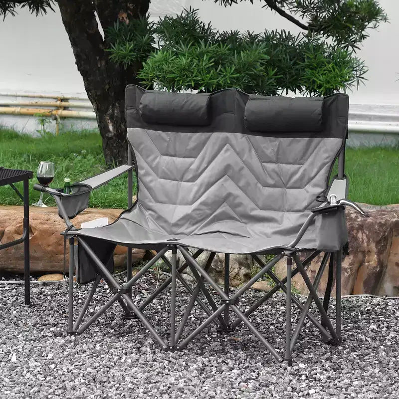 Camping Chair for 2 Adults Heavy Duty Folding Outdoor Loveseat, High Back Support, Padded Seat, Headrest, Cooler Pouch, Cup Holders, 700 lbs Capacity