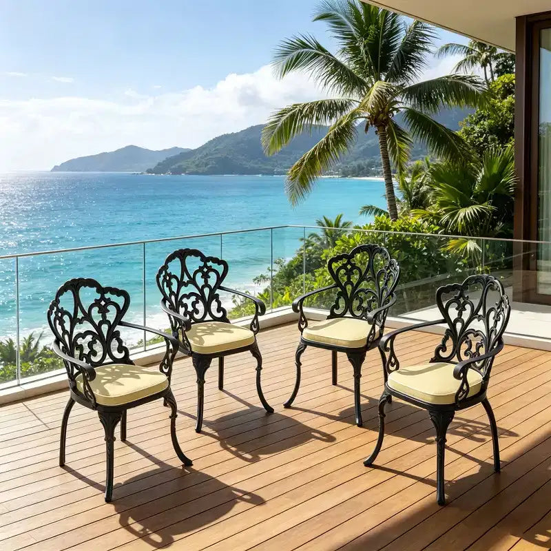 Lot de 4 chaises de salle à manger d'extérieur en fonte d'aluminium, cadre noir résistant à la rouille avec coussins résistants à l'eau
