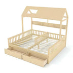 Lit plateforme ModernLuxe double deux places de style maison avec étagères de rangement et tiroirs, design cabane pour chambre d'enfant partagée