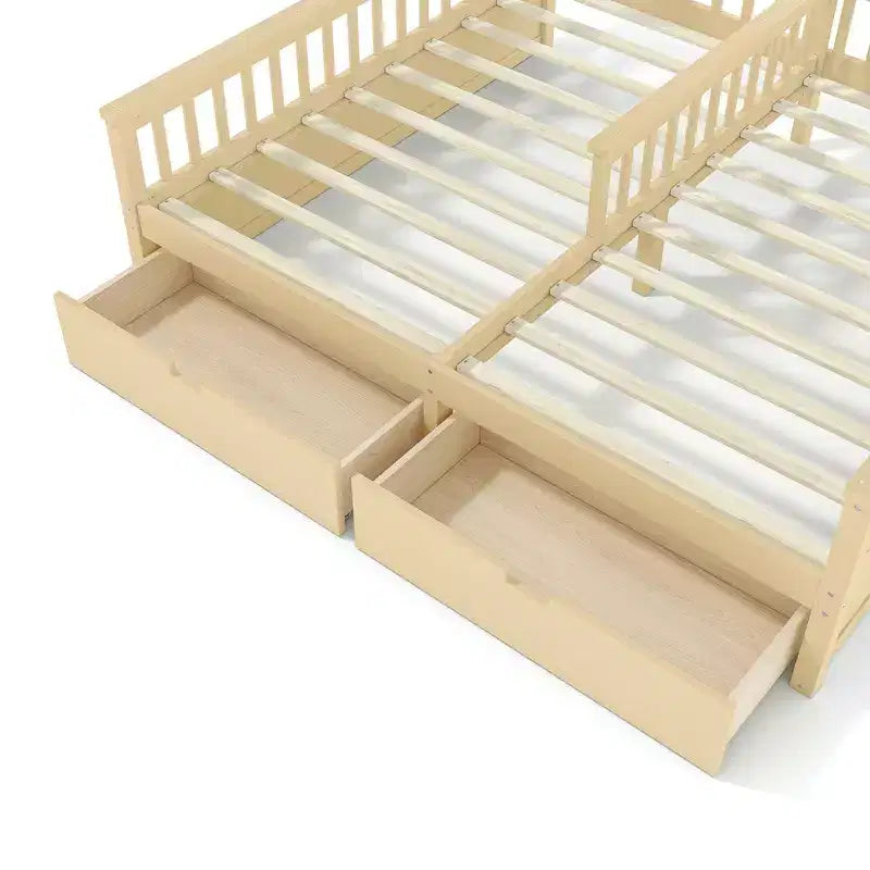 Lit plateforme ModernLuxe double deux places de style maison avec étagères de rangement et tiroirs, design cabane pour chambre d'enfant partagée