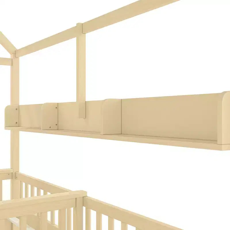 Lit plateforme ModernLuxe double deux places de style maison avec étagères de rangement et tiroirs, design cabane pour chambre d'enfant partagée