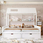 Lit plateforme ModernLuxe double deux places de style maison avec étagères de rangement et tiroirs, design cabane pour chambre d'enfant partagée