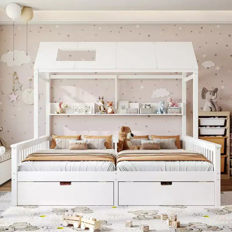 Lit plateforme ModernLuxe double deux places de style maison avec étagères de rangement et tiroirs, design cabane pour chambre d'enfant partagée