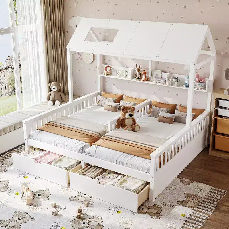 Lit plateforme ModernLuxe double deux places de style maison avec étagères de rangement et tiroirs, design cabane pour chambre d'enfant partagée