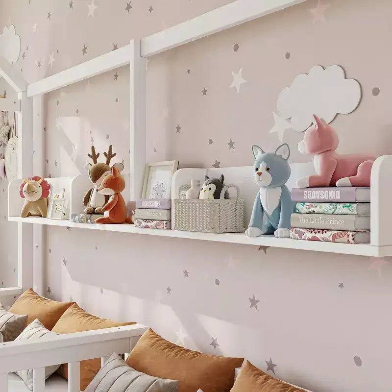 Lit plateforme ModernLuxe double deux places de style maison avec étagères de rangement et tiroirs, design cabane pour chambre d'enfant partagée