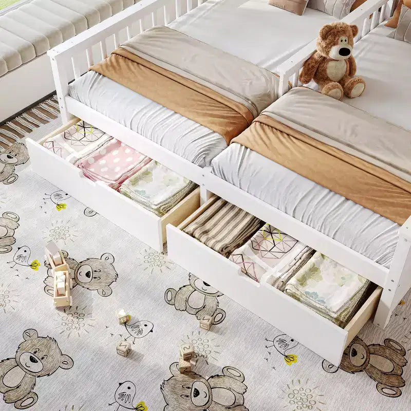 Lit plateforme ModernLuxe double deux places de style maison avec étagères de rangement et tiroirs, design cabane pour chambre d'enfant partagée