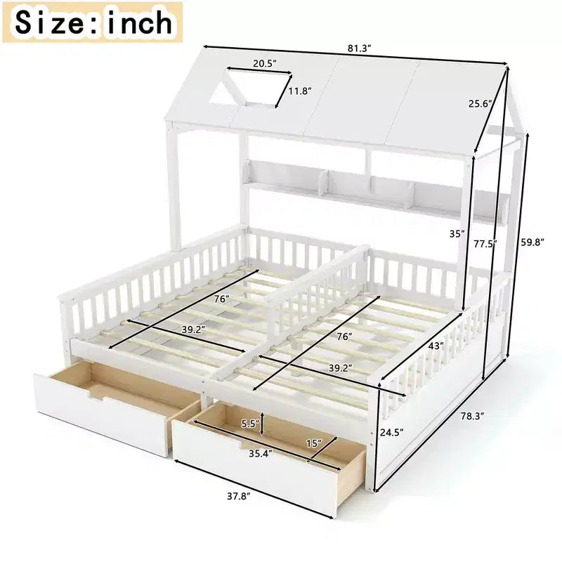 Lit plateforme ModernLuxe double deux places de style maison avec étagères de rangement et tiroirs, design cabane pour chambre d'enfant partagée
