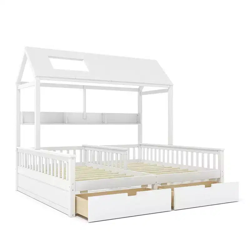 Lit plateforme ModernLuxe double deux places de style maison avec étagères de rangement et tiroirs, design cabane pour chambre d'enfant partagée