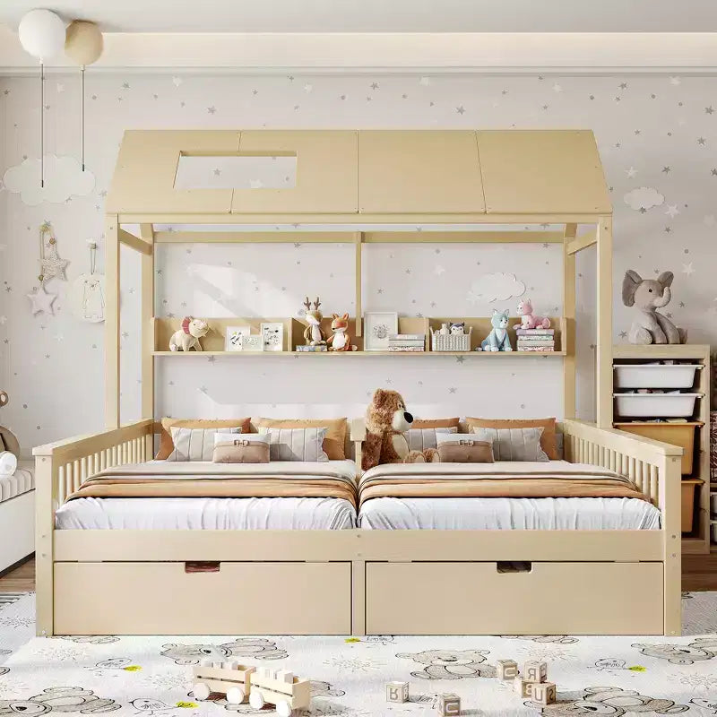 Lit plateforme ModernLuxe double deux places de style maison avec étagères de rangement et tiroirs, design cabane pour chambre d'enfant partagée