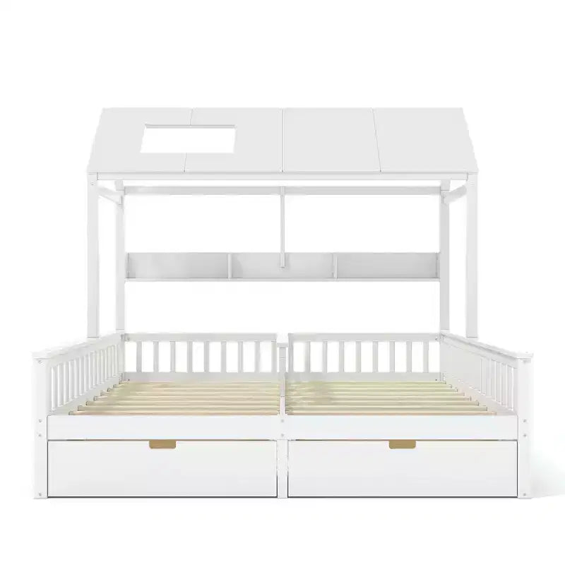 Lit plateforme ModernLuxe double deux places de style maison avec étagères de rangement et tiroirs, design cabane pour chambre d'enfant partagée