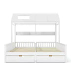 Lit plateforme ModernLuxe double deux places de style maison avec étagères de rangement et tiroirs, design cabane pour chambre d'enfant partagée