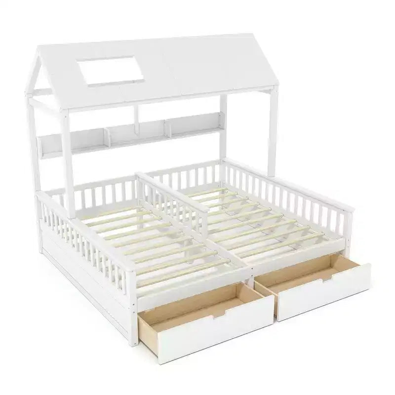 Lit plateforme ModernLuxe double deux places de style maison avec étagères de rangement et tiroirs, design cabane pour chambre d'enfant partagée