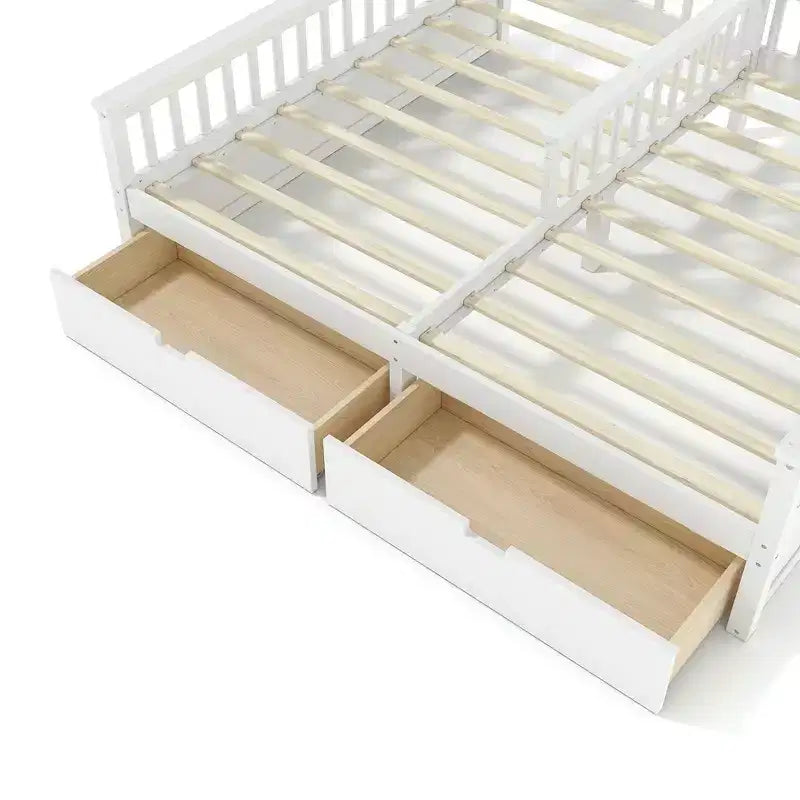 Lit plateforme ModernLuxe double deux places de style maison avec étagères de rangement et tiroirs, design cabane pour chambre d'enfant partagée