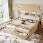 Lit plateforme ModernLuxe double deux places de style maison avec étagères de rangement et tiroirs, design cabane pour chambre d'enfant partagée