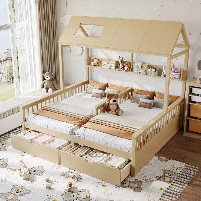 Lit plateforme ModernLuxe double deux places de style maison avec étagères de rangement et tiroirs, design cabane pour chambre d'enfant partagée