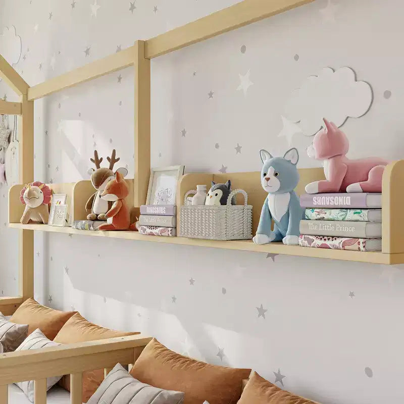 Lit plateforme ModernLuxe double deux places de style maison avec étagères de rangement et tiroirs, design cabane pour chambre d'enfant partagée