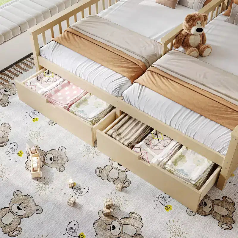 Lit plateforme ModernLuxe double deux places de style maison avec étagères de rangement et tiroirs, design cabane pour chambre d'enfant partagée