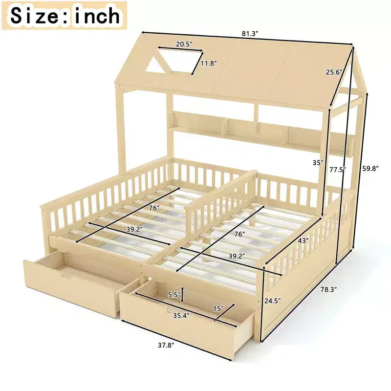 Lit plateforme ModernLuxe double deux places de style maison avec étagères de rangement et tiroirs, design cabane pour chambre d'enfant partagée