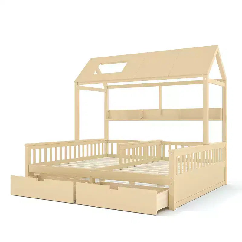 Lit plateforme ModernLuxe double deux places de style maison avec étagères de rangement et tiroirs, design cabane pour chambre d'enfant partagée
