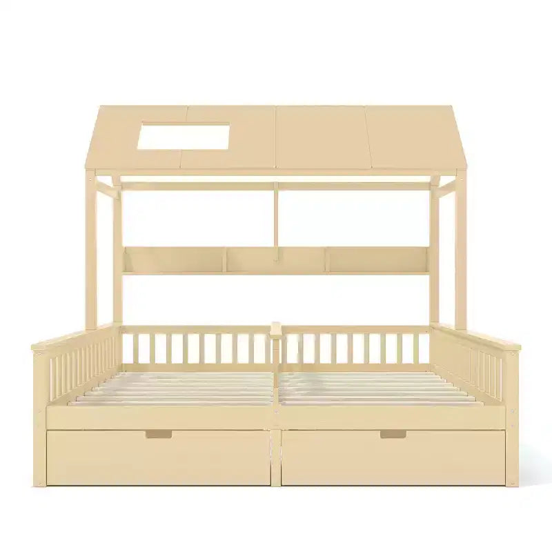 Lit plateforme ModernLuxe double deux places de style maison avec étagères de rangement et tiroirs, design cabane pour chambre d'enfant partagée