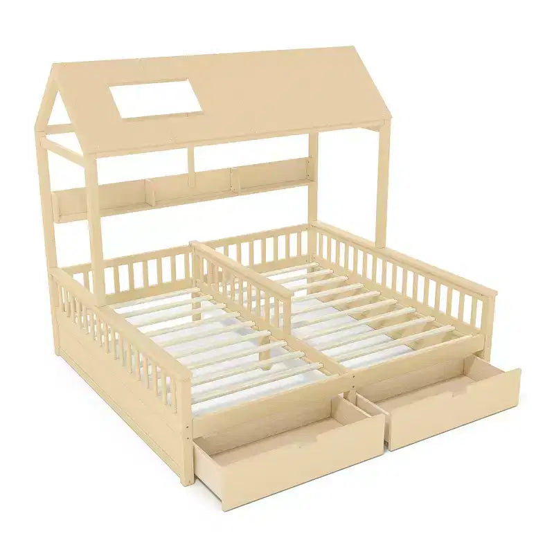 Lit plateforme ModernLuxe double deux places de style maison avec étagères de rangement et tiroirs, design cabane pour chambre d'enfant partagée