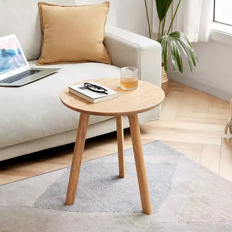 100% Natural Solid Oak Wood Round End Table, Three-Legged Side Coffee Table Bedside Table for Living Room Bedroom