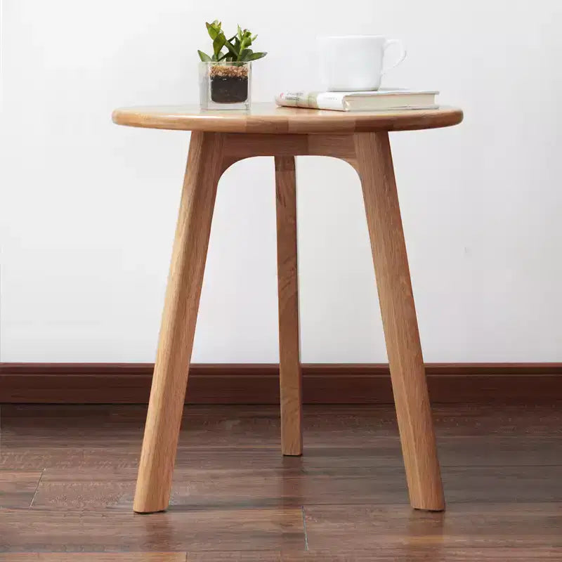 100% Natural Solid Oak Wood Round End Table, Three-Legged Side Coffee Table Bedside Table for Living Room Bedroom