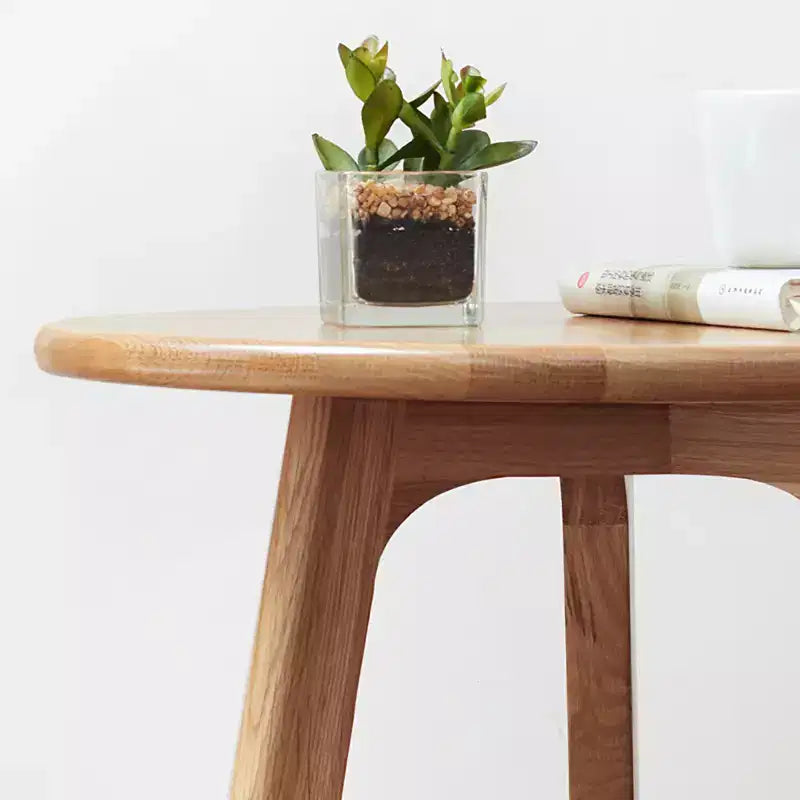 100% Natural Solid Oak Wood Round End Table, Three-Legged Side Coffee Table Bedside Table for Living Room Bedroom