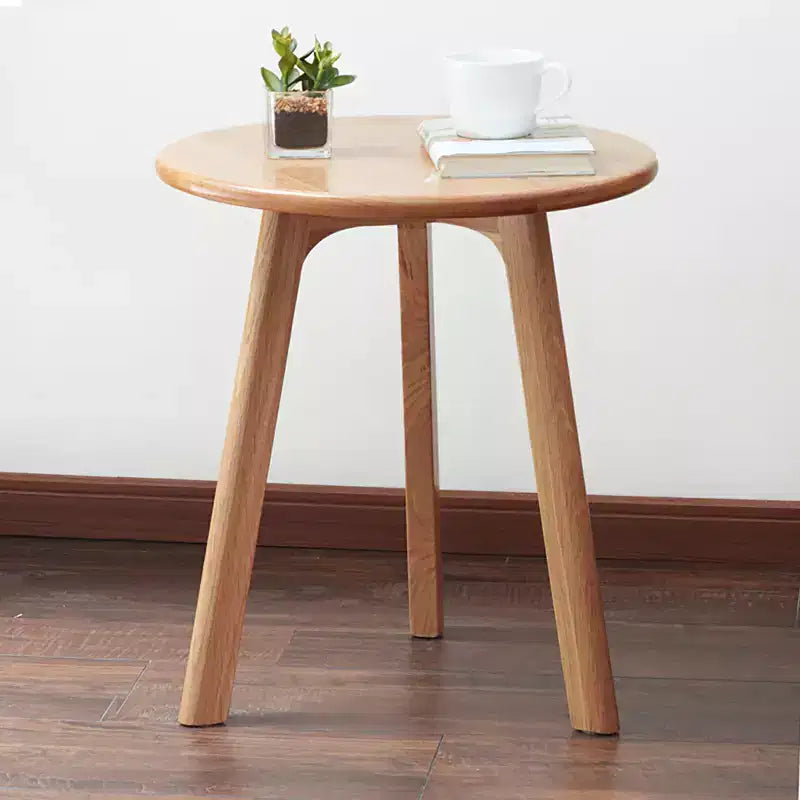 100% Natural Solid Oak Wood Round End Table, Three-Legged Side Coffee Table Bedside Table for Living Room Bedroom