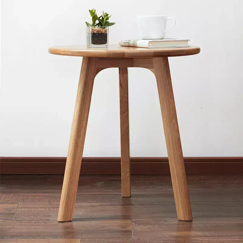100% Natural Solid Oak Wood Round End Table, Three-Legged Side Coffee Table Bedside Table for Living Room Bedroom