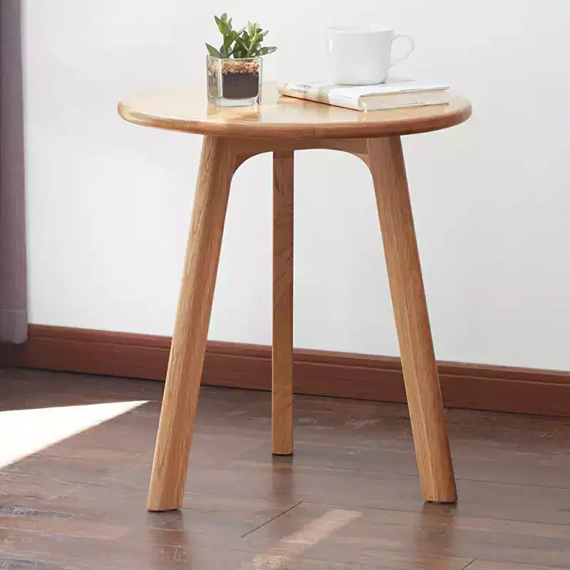 100% Natural Solid Oak Wood Round End Table, Three-Legged Side Coffee Table Bedside Table for Living Room Bedroom