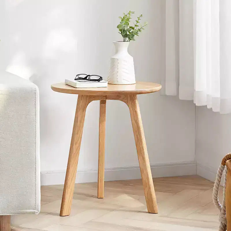 100% Natural Solid Oak Wood Round End Table, Three-Legged Side Coffee Table Bedside Table for Living Room Bedroom