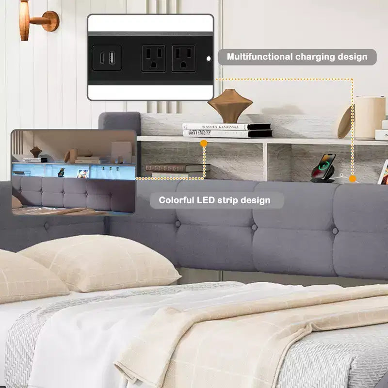 Lit de repos rembourré Hill GDFStudio avec pouf de rangement, étagères et lit gigogne