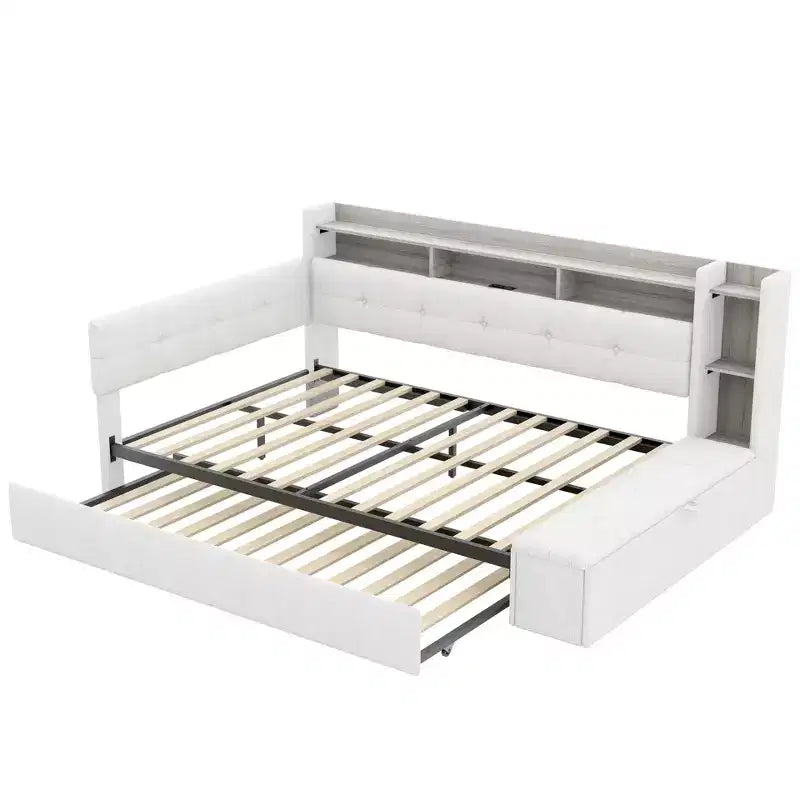 Lit de repos rembourré Hill GDFStudio avec pouf de rangement, étagères et lit gigogne