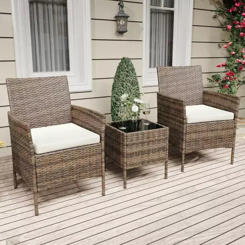 3-Piece Outdoor Patio Furniture Set, PE Rattan Wicker Chairs with Cushions and Tempered Glass Coffee Table for Backyard Porch Garden Poolside
