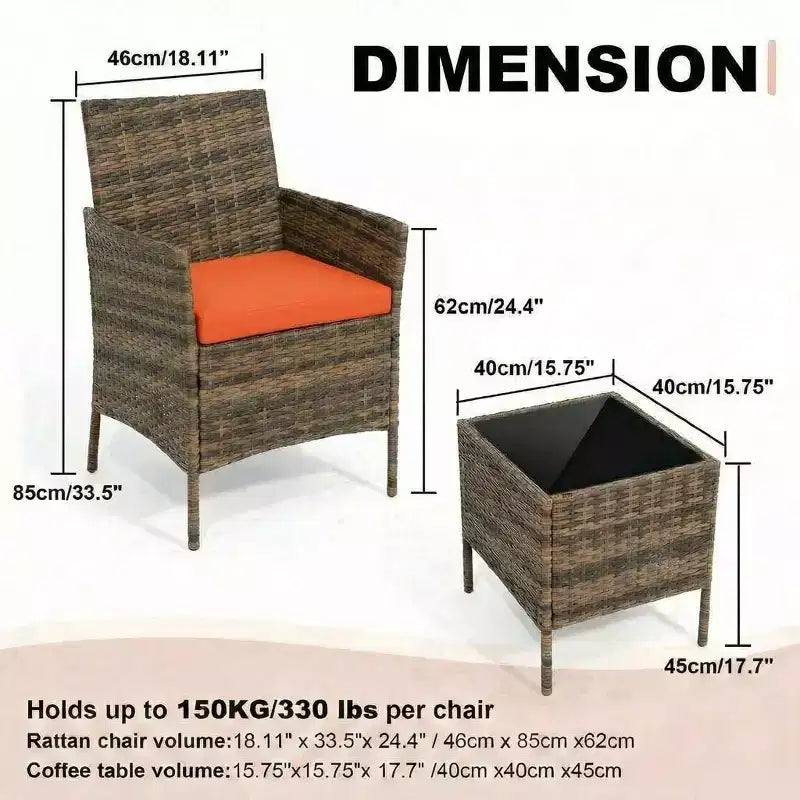 3-Piece Outdoor Patio Furniture Set, PE Rattan Wicker Chairs with Cushions and Tempered Glass Coffee Table for Backyard Porch Garden Poolside