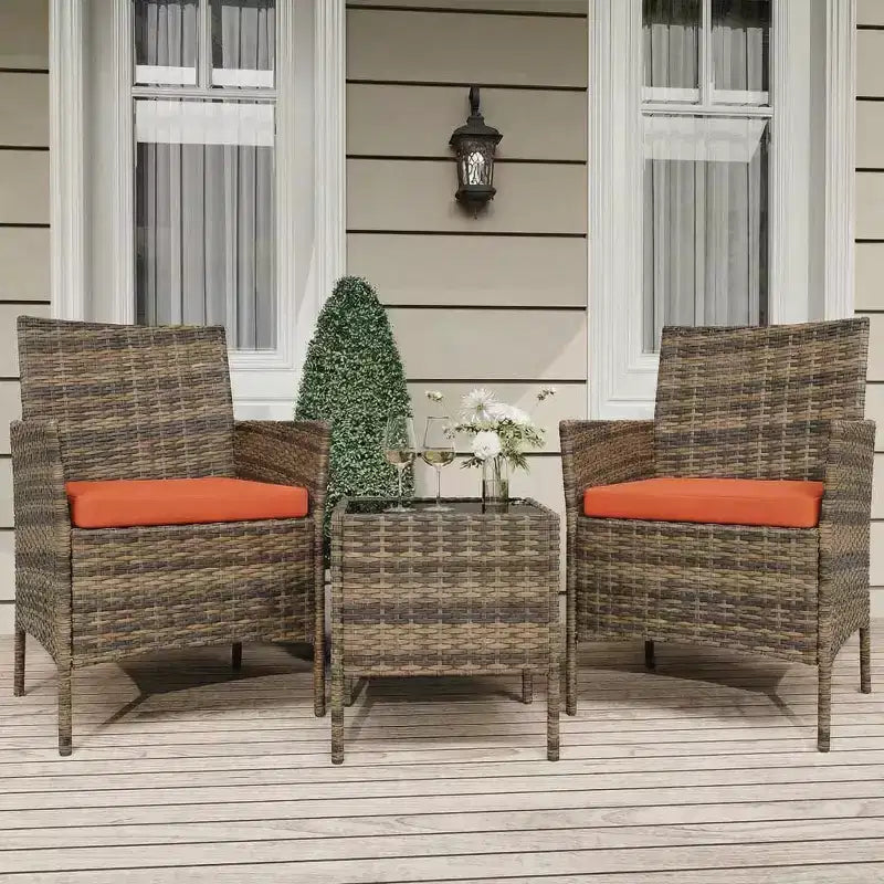 3-Piece Outdoor Patio Furniture Set, PE Rattan Wicker Chairs with Cushions and Tempered Glass Coffee Table for Backyard Porch Garden Poolside