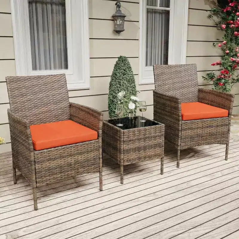 3-Piece Outdoor Patio Furniture Set, PE Rattan Wicker Chairs with Cushions and Tempered Glass Coffee Table for Backyard Porch Garden Poolside