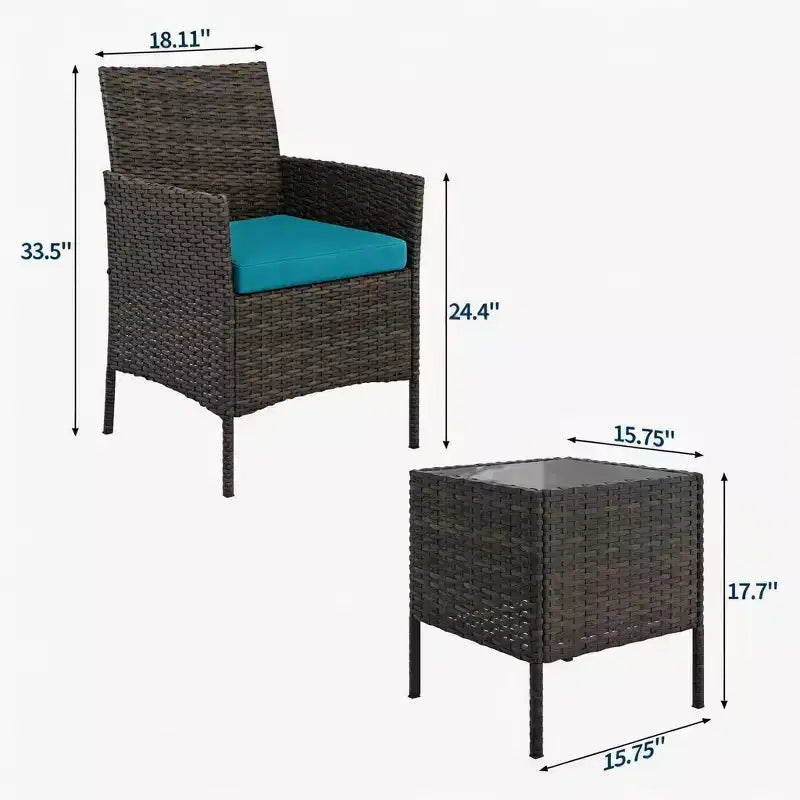 3-Piece Outdoor Patio Furniture Set, PE Rattan Wicker Chairs with Cushions and Tempered Glass Coffee Table for Backyard Porch Garden Poolside