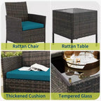 3-Piece Outdoor Patio Furniture Set, PE Rattan Wicker Chairs with Cushions and Tempered Glass Coffee Table for Backyard Porch Garden Poolside