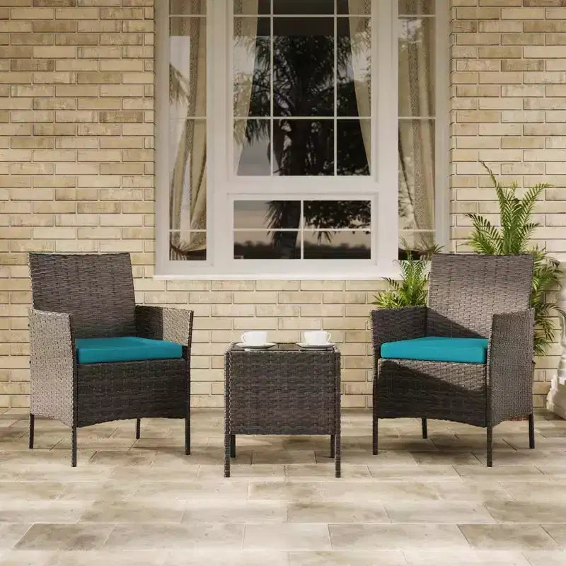 3-Piece Outdoor Patio Furniture Set, PE Rattan Wicker Chairs with Cushions and Tempered Glass Coffee Table for Backyard Porch Garden Poolside