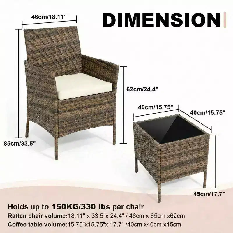 3-Piece Outdoor Patio Furniture Set, PE Rattan Wicker Chairs with Cushions and Tempered Glass Coffee Table for Backyard Porch Garden Poolside