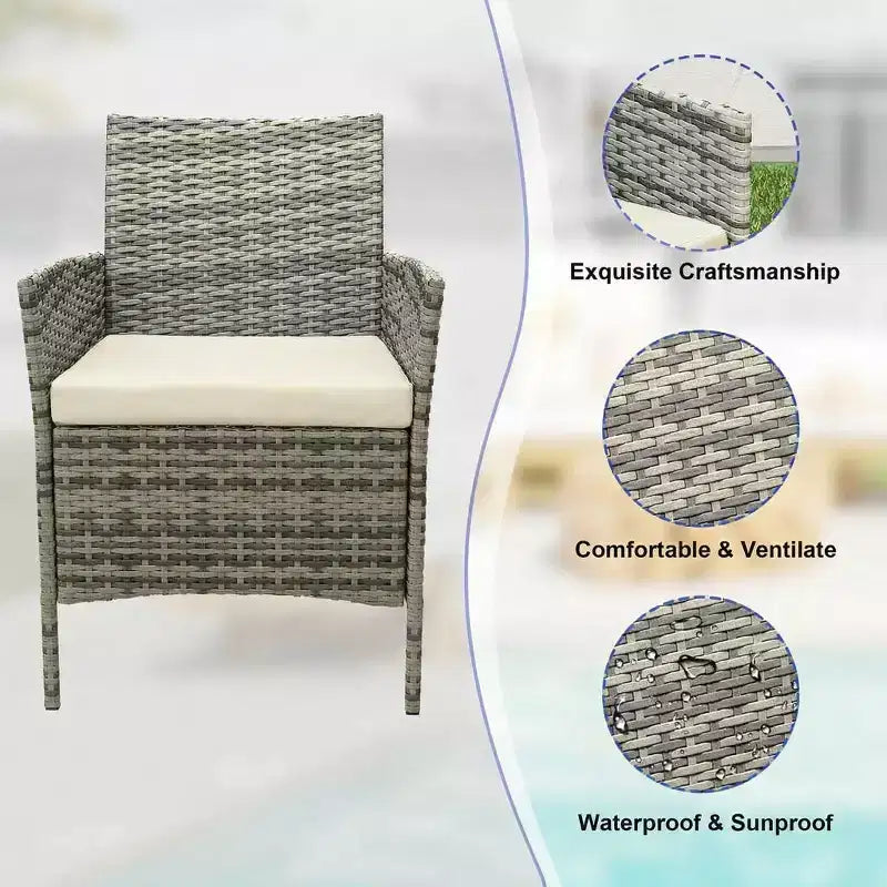 3-Piece Outdoor Patio Furniture Set, PE Rattan Wicker Chairs with Cushions and Tempered Glass Coffee Table for Backyard Porch Garden Poolside