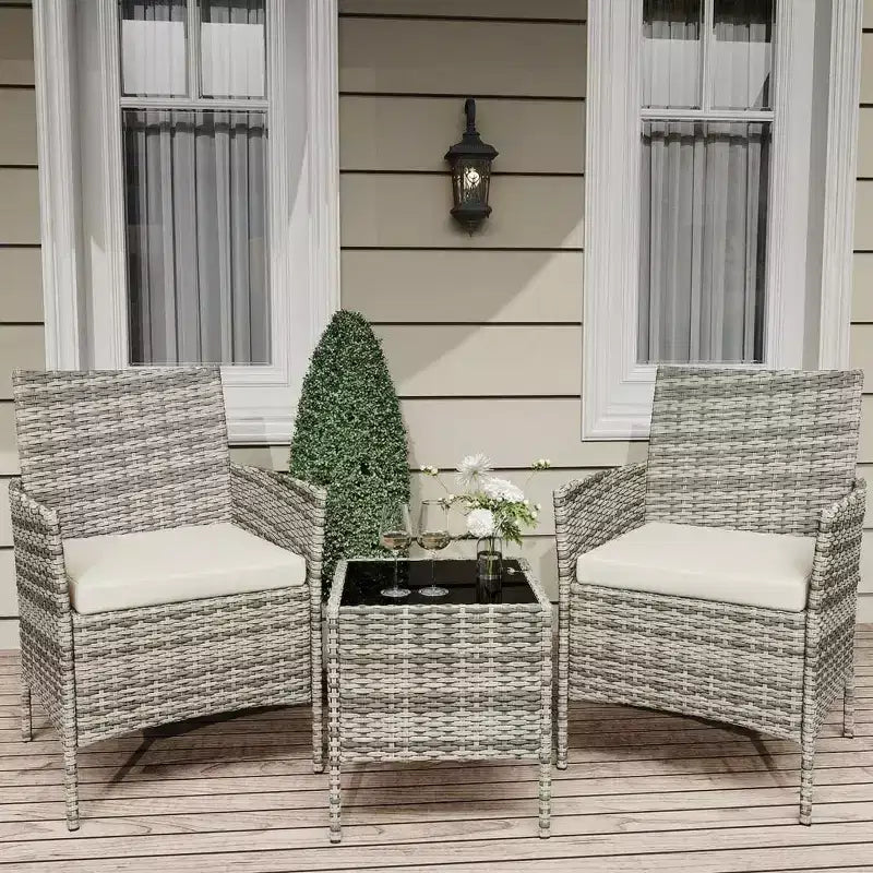 3-Piece Outdoor Patio Furniture Set, PE Rattan Wicker Chairs with Cushions and Tempered Glass Coffee Table for Backyard Porch Garden Poolside