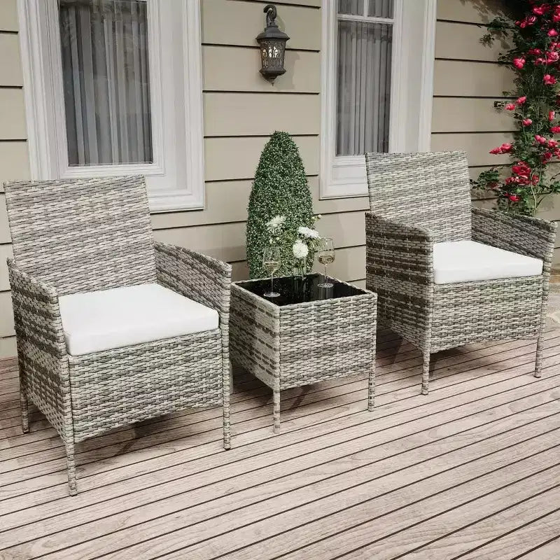 3-Piece Outdoor Patio Furniture Set, PE Rattan Wicker Chairs with Cushions and Tempered Glass Coffee Table for Backyard Porch Garden Poolside