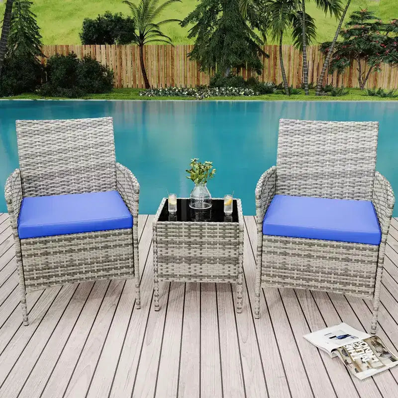 3-Piece Outdoor Patio Furniture Set, PE Rattan Wicker Chairs with Cushions and Tempered Glass Coffee Table for Backyard Porch Garden Poolside